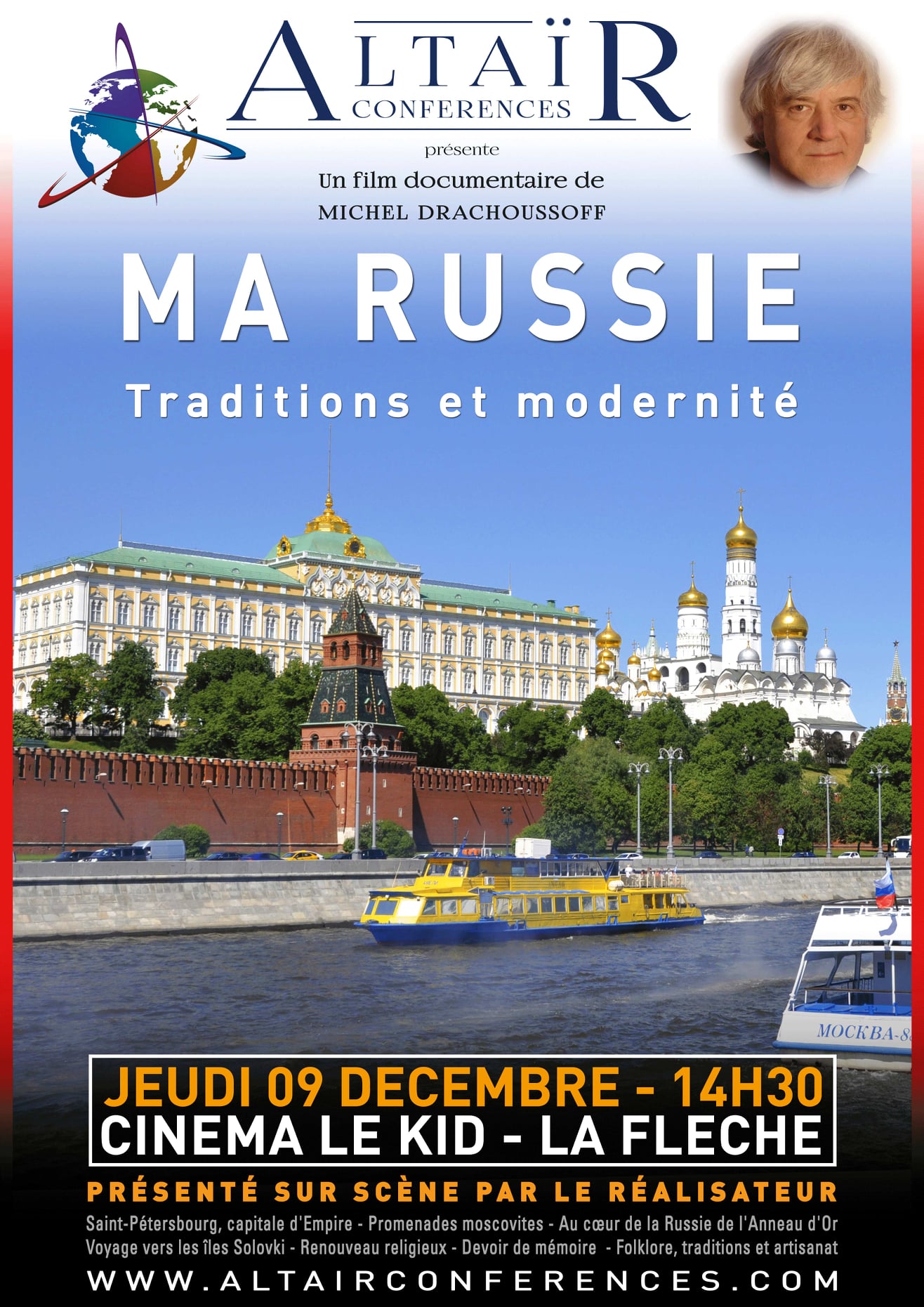 Affiche. Cinéma Le KId - La Flèche. Ma Russie. Traditions et modernité. Un film de Michel Drachoussoff. 2021-12-09